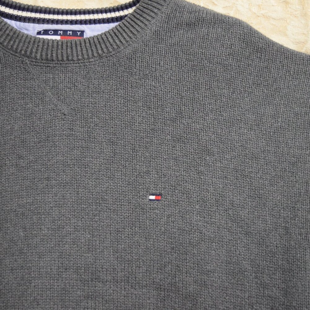 Y2K VTG Tommy Hilfiger Cotton Sweater Men Pullover Sz XL Gray THICK Academia - Picture 2 of 7